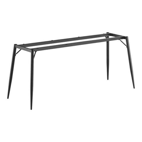 A black metal standard height table base with a mid-century design, measuring 30 by 72 inches.