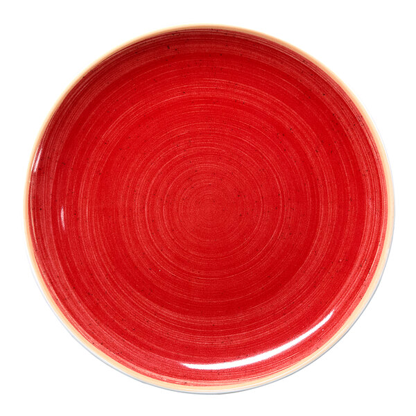 A round, red, rimless porcelain plate.
