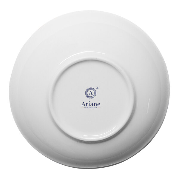A white round porcelain coupe bowl shown upside down with the Ariane brand logo on the bottom.