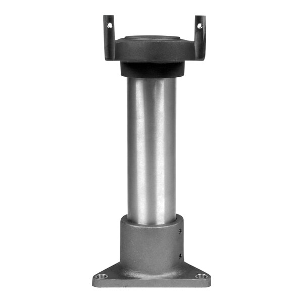 A metal cylinder with a black base and a silver handle.