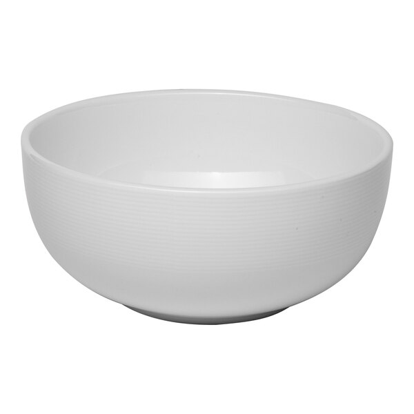 A white embossed porcelain bowl with a smooth, rounded shape.