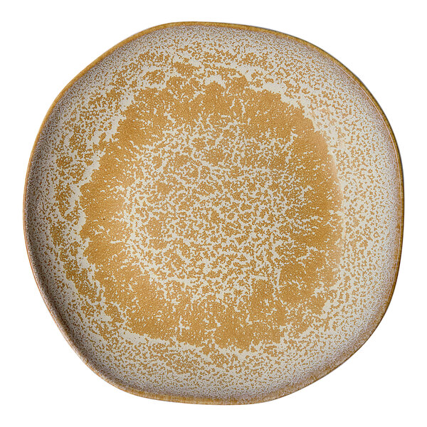 A gold and brown irregular round porcelain deep plate.