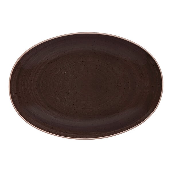 An oval-shaped, dark brown porcelain plate with a smooth finish.