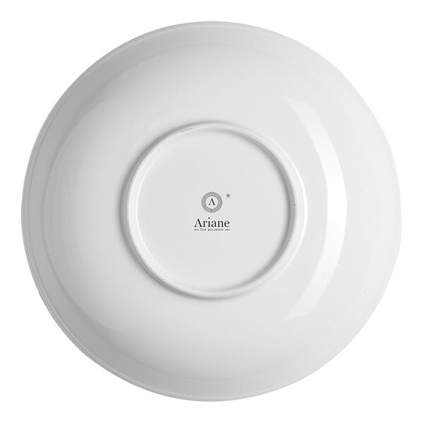 A round, warm white porcelain deep coupe plate viewed from the bottom, featuring the Ariane brand logo at the center.