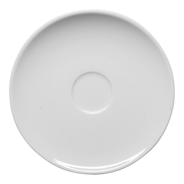 A round, warm white porcelain coffee or tea cup saucer with a slanted coupe design.