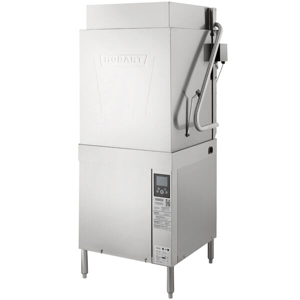 A tall, stainless steel, high temperature door-style commercial dishwasher with a ventless design and booster heater.