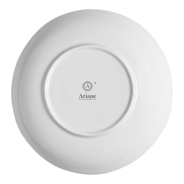 A round, white porcelain coupe deep plate shown from the bottom with the Ariane brand logo.