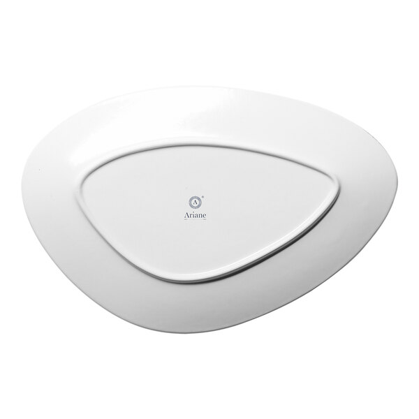 A white triangular porcelain coupe plate with a smooth finish.