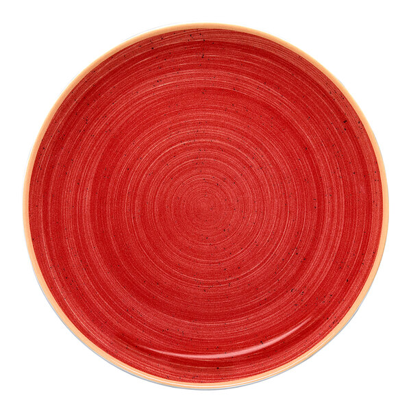 A red round rimless coupe porcelain plate.