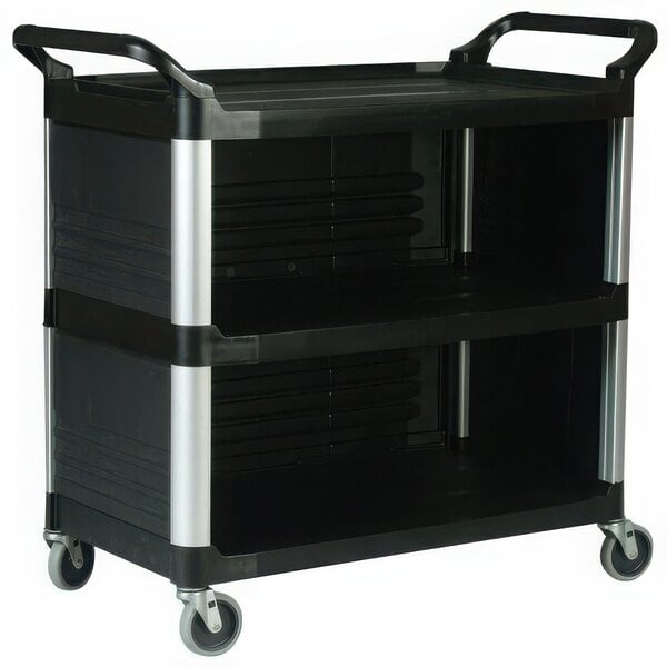 A black Rubbermaid utility cart with enclosed end panels.