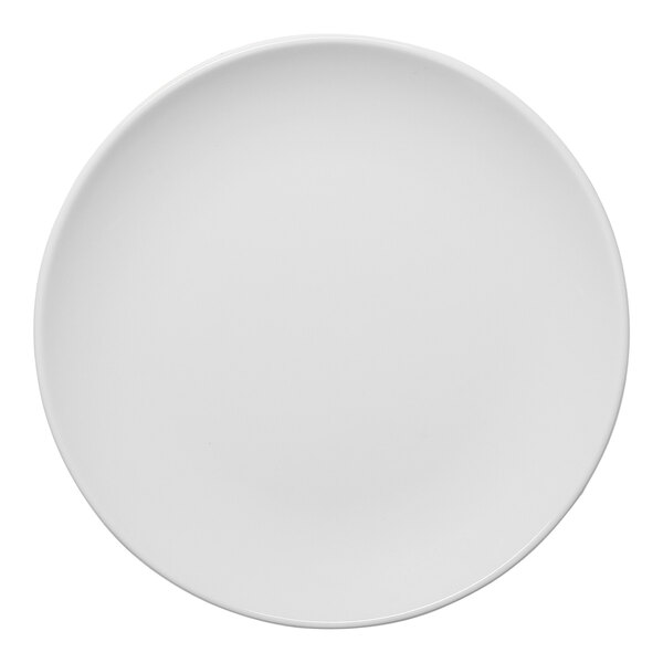A round, warm white, rimless porcelain coupe plate.
