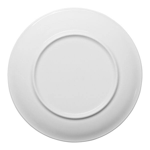 A round, warm white porcelain rimless coupe plate.