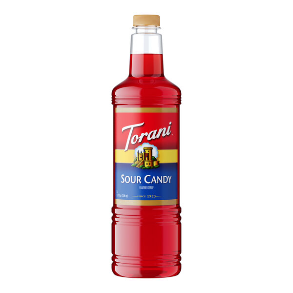 A Torani plastic bottle of red Sour Candy syrup.
