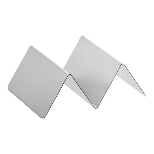 A stainless steel taco holder with two compartments for holding tacos upright.