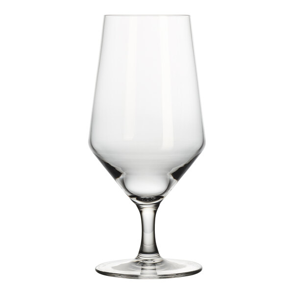 A clear 16 oz. diamond-shaped goblet with a stem and wide base.