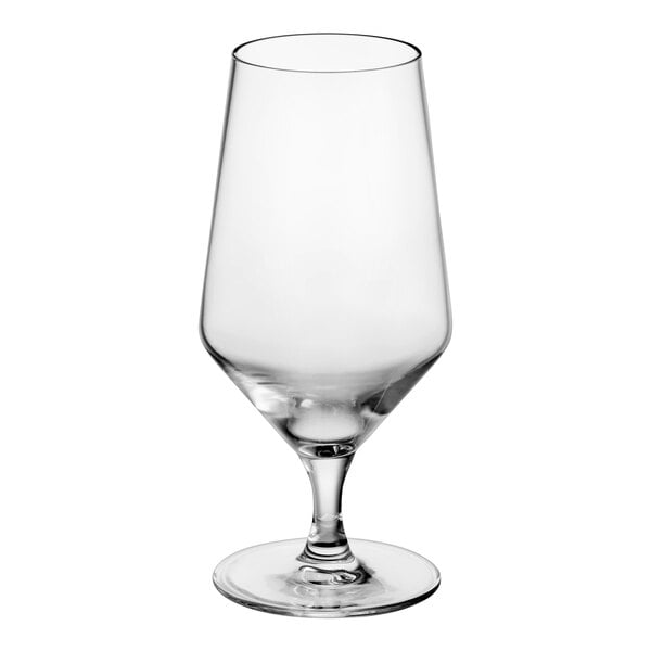 A clear, diamond-shaped goblet with a stem and wide base.