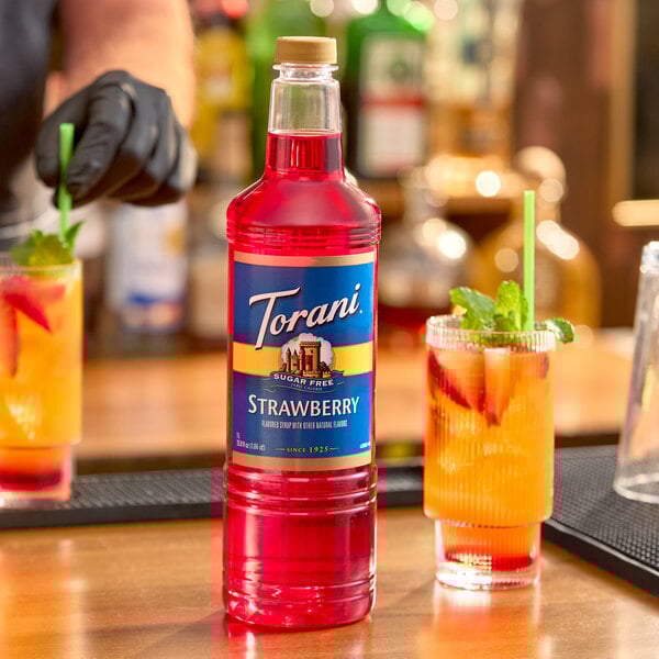 Torani Sugar-Free Strawberry Flavoring / Fruit Syrup Plastic Bottle 1 Liter - 6/Case