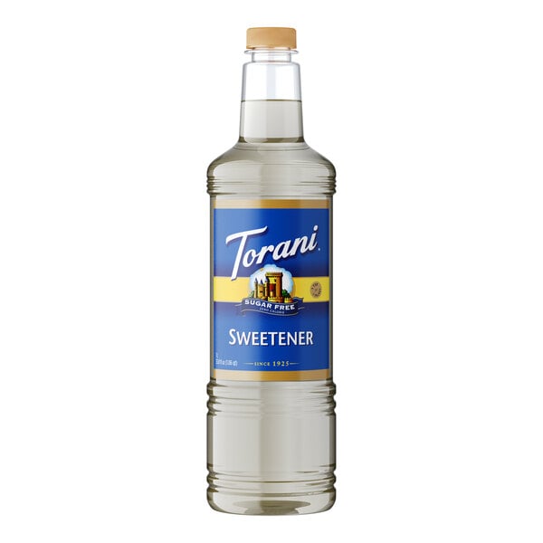 A Torani Sugar-Free Sweetener syrup bottle with a blue label.