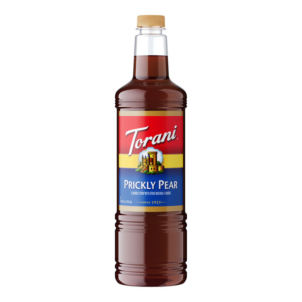 A Torani plastic bottle of brown Prickly Pear syrup.