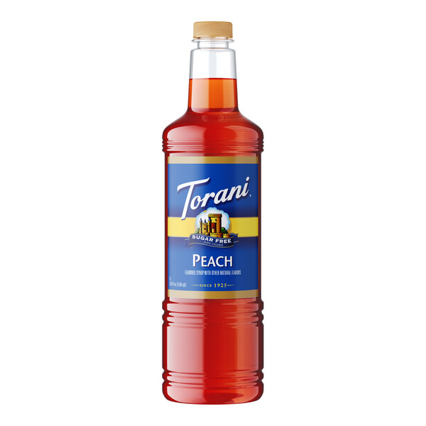 A plastic bottle of Torani Sugar-Free Peach Syrup with a white label.