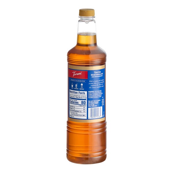A 1-liter plastic bottle of Torani Toasted Marshmallow flavoring syrup.