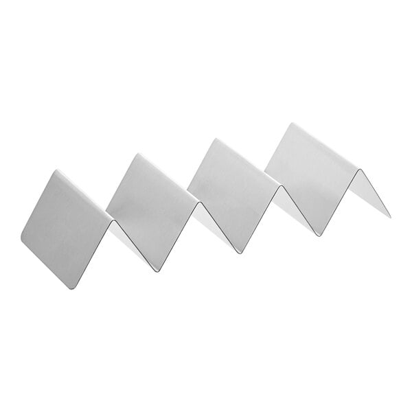 A stainless steel taco holder with three or four compartments for holding tacos upright.
