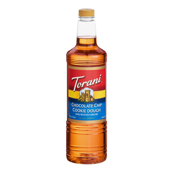 A 1-liter plastic bottle of Torani Chocolate Chip Cookie Dough flavoring syrup.