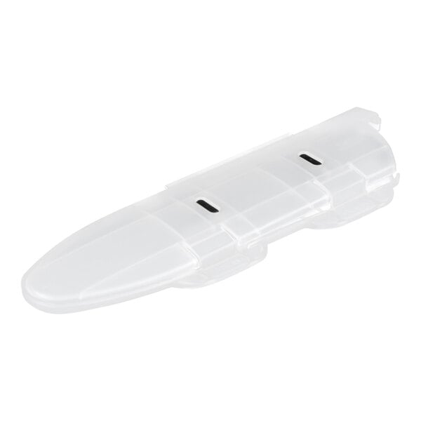A translucent plastic cover designed to fit over a knife blade, with a secure locking mechanism visible.