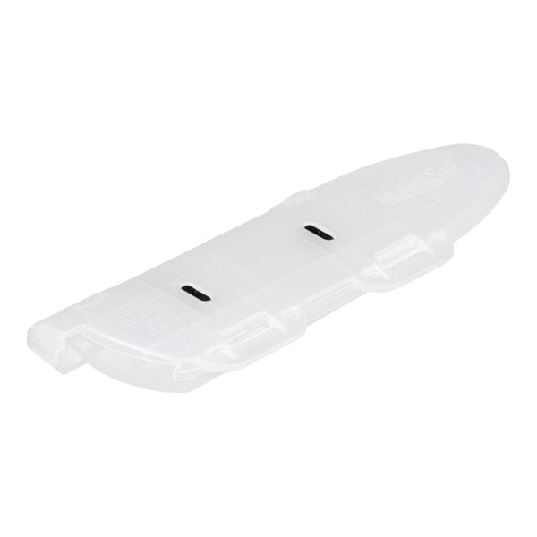 A translucent, rectangular plastic cover with rounded edges and small latch closures, designed to protect a knife blade.