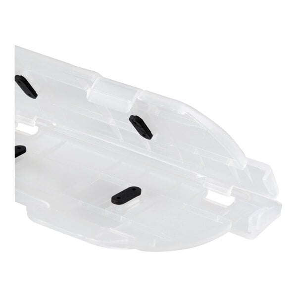 A partially open, transparent plastic blade cover with black inserts, designed to protect knife blades.
