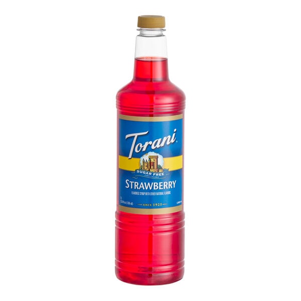 A 1-liter plastic bottle of Torani Sugar-Free Strawberry Flavoring Syrup.
