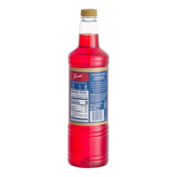 A 1-liter plastic bottle of Torani Sugar-Free Strawberry Flavoring Syrup.