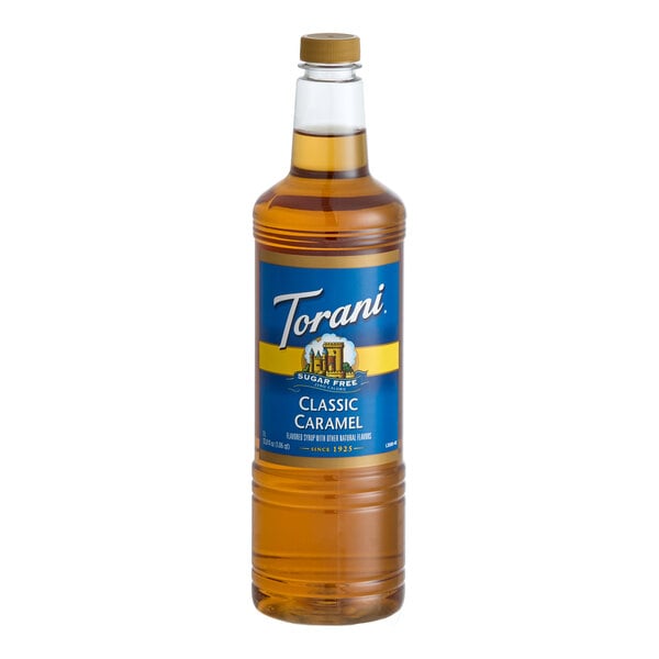 Torani Sugar-Free Classic Caramel Flavoring Syrup Plastic Bottle 1 Liter - 6/Case
