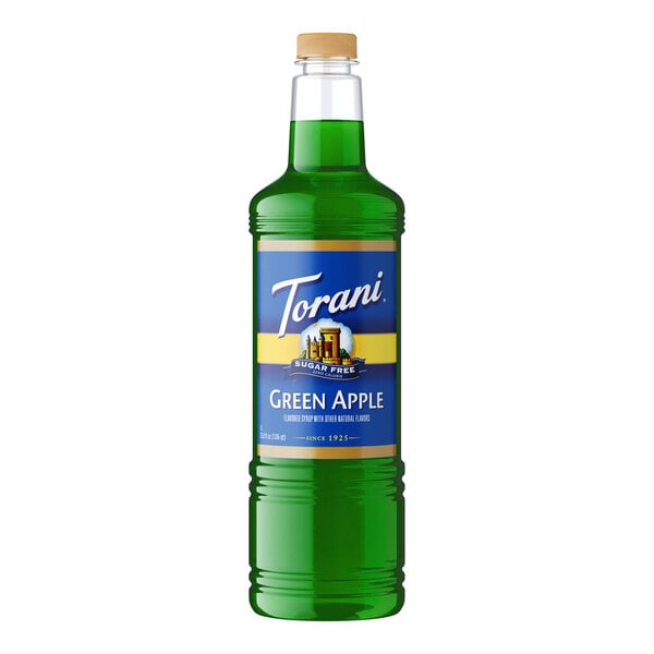 A plastic bottle of Torani Sugar-Free Green Apple Syrup with green liquid inside.