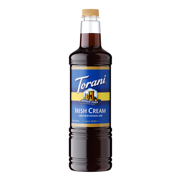 A Torani Sugar-Free Irish Cream flavoring syrup plastic bottle with a label.