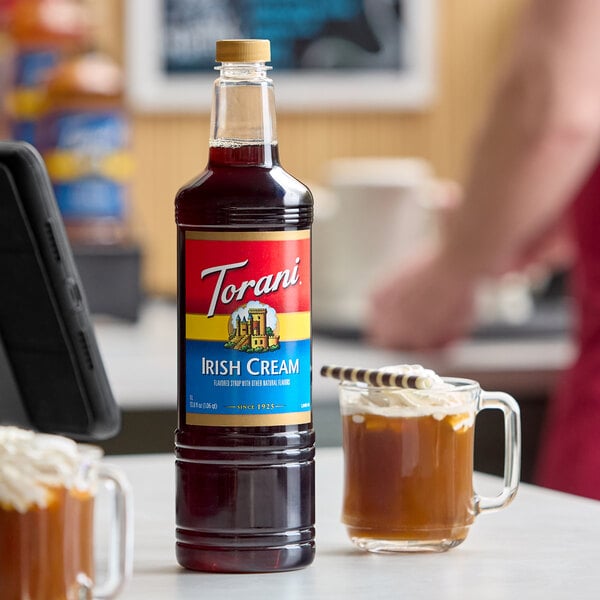 A 1-liter plastic bottle of Torani Irish Cream flavoring syrup.