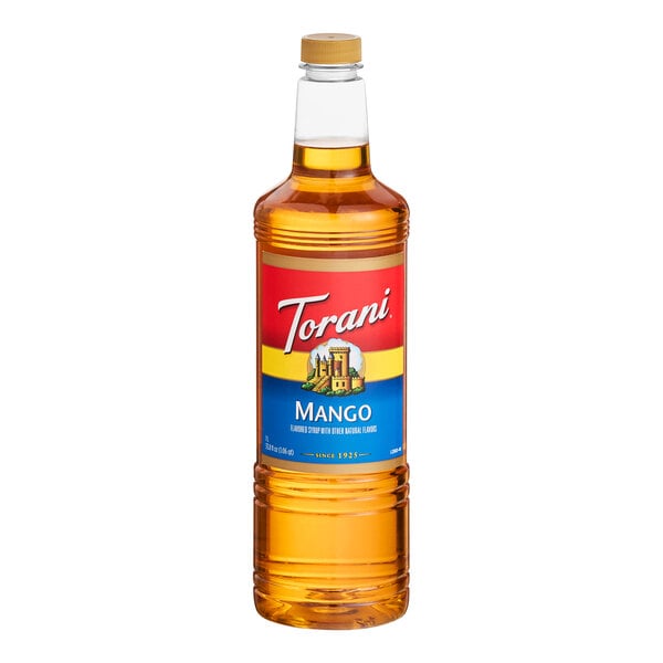 A 1-liter plastic bottle of Torani Mango flavoring syrup.