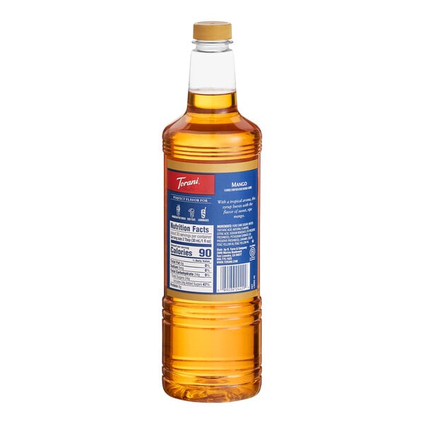 A 1-liter plastic bottle of Torani Mango Flavoring / Fruit Syrup.