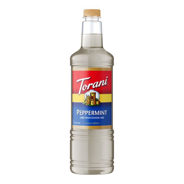 A Torani peppermint flavoring syrup plastic bottle with a label.