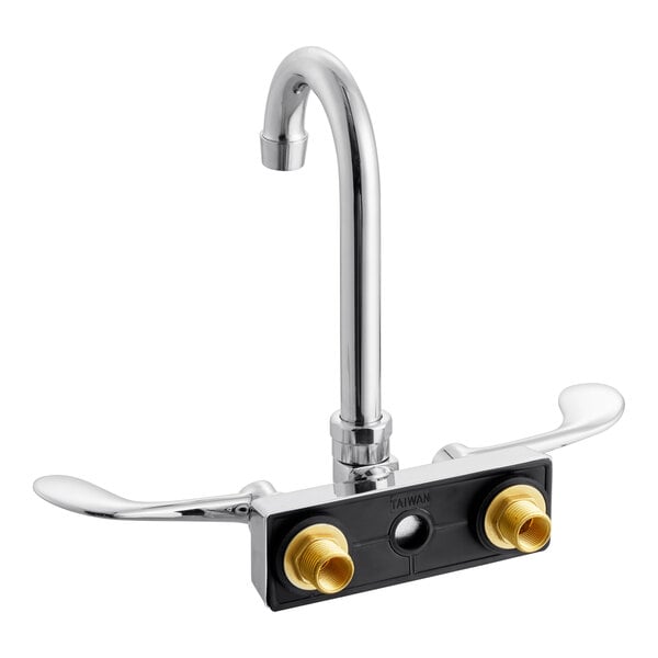 A wall-mount sink faucet with a 3 1/2 inch swivel gooseneck spout and wrist blade handles.