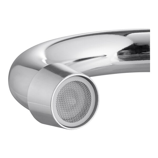 A chrome wall-mount sink faucet with a 3 1/2 inch swivel gooseneck spout.