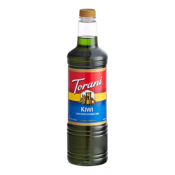 A 1-liter plastic bottle of Torani Kiwi flavoring and fruit syrup.