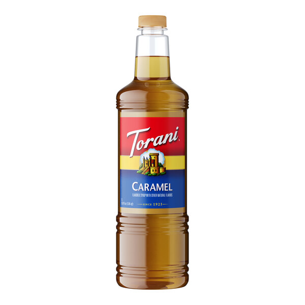 A Torani plastic bottle of caramel syrup with a label.