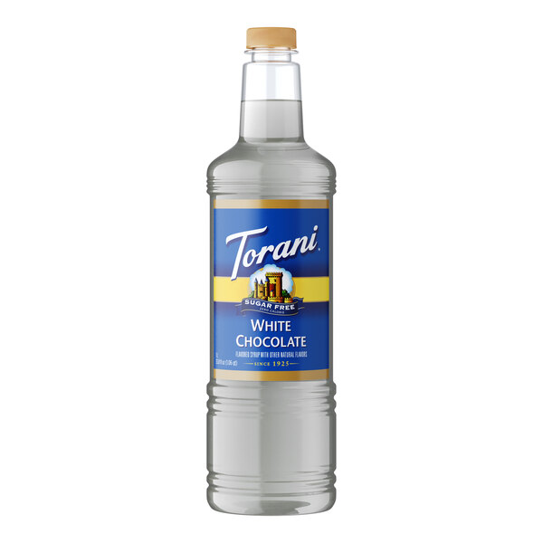 A plastic bottle of Torani Sugar-Free White Chocolate flavoring syrup with a label.