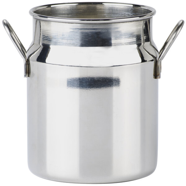 An American Metalcraft stainless steel milk can creamer with a handle.