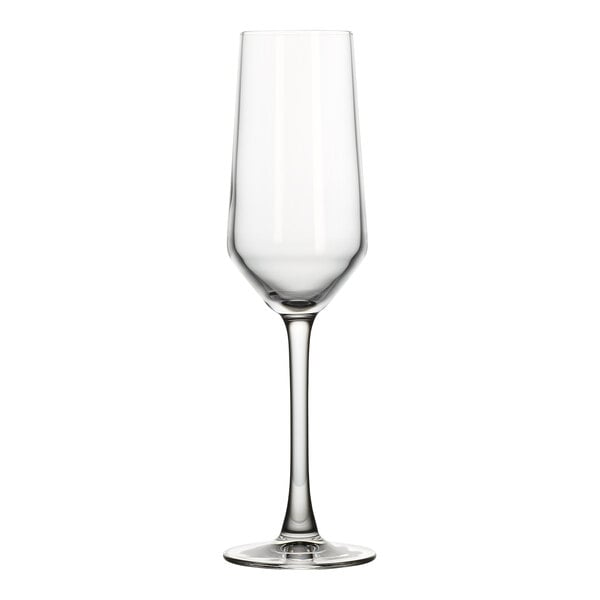 A clear 8 oz. diamond-shaped flute glass with a long stem.