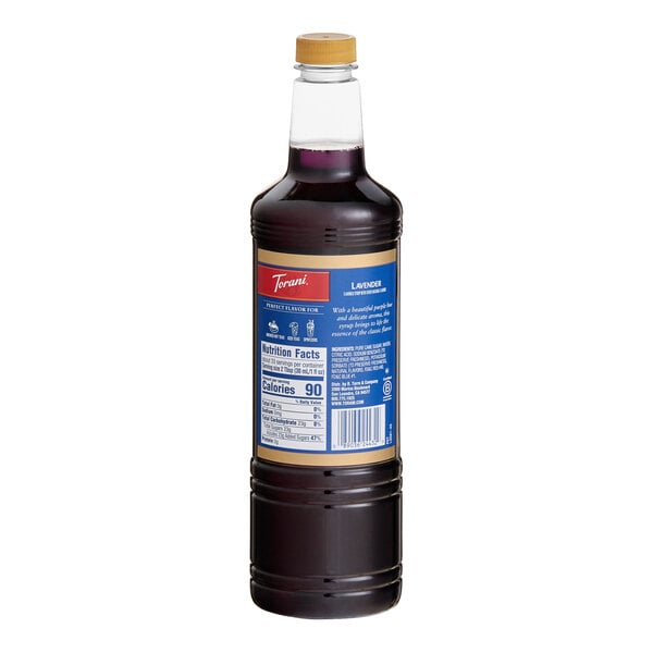 A 1-liter plastic bottle of Torani Lavender Flavoring Syrup.