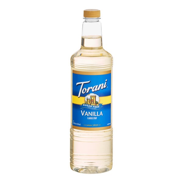 A 1-liter plastic bottle of Torani Sugar-Free Vanilla Flavoring Syrup.
