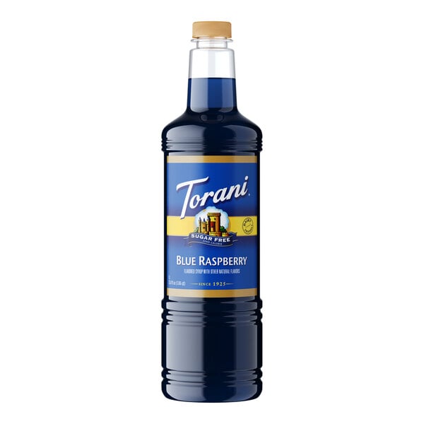 A Torani plastic bottle filled with blue liquid syrup.