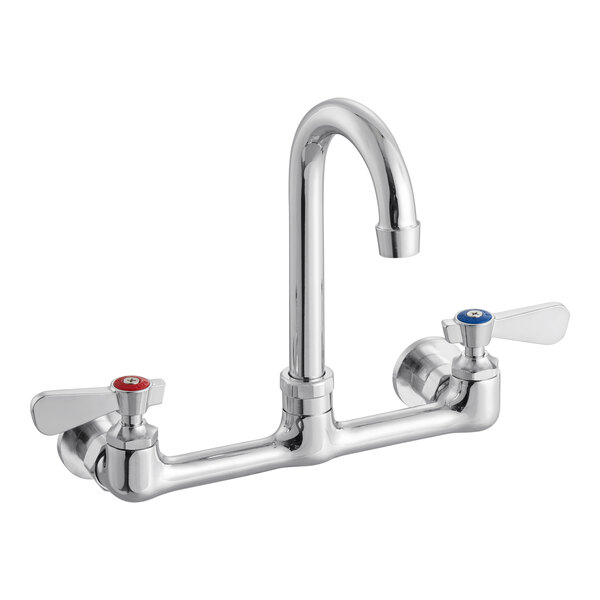 A wall-mount faucet with 8-inch centers and a 3.5-inch swivel gooseneck spout.
